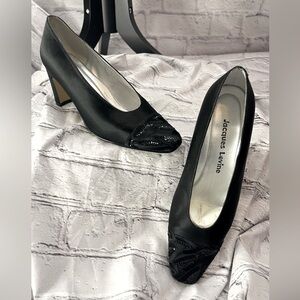 Jacques Levine Black Satin Sequins Pointed Toe Heels Women's Size 7B Dress Shoes